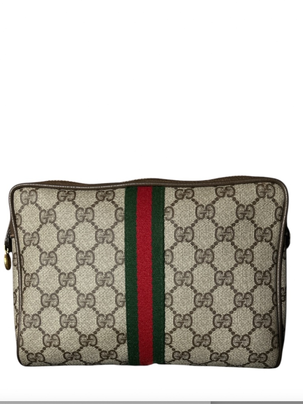 Gucci Vintage Men's Gucci Beige/Brown Sherry Line w/Green and Red Web Clutch Bag